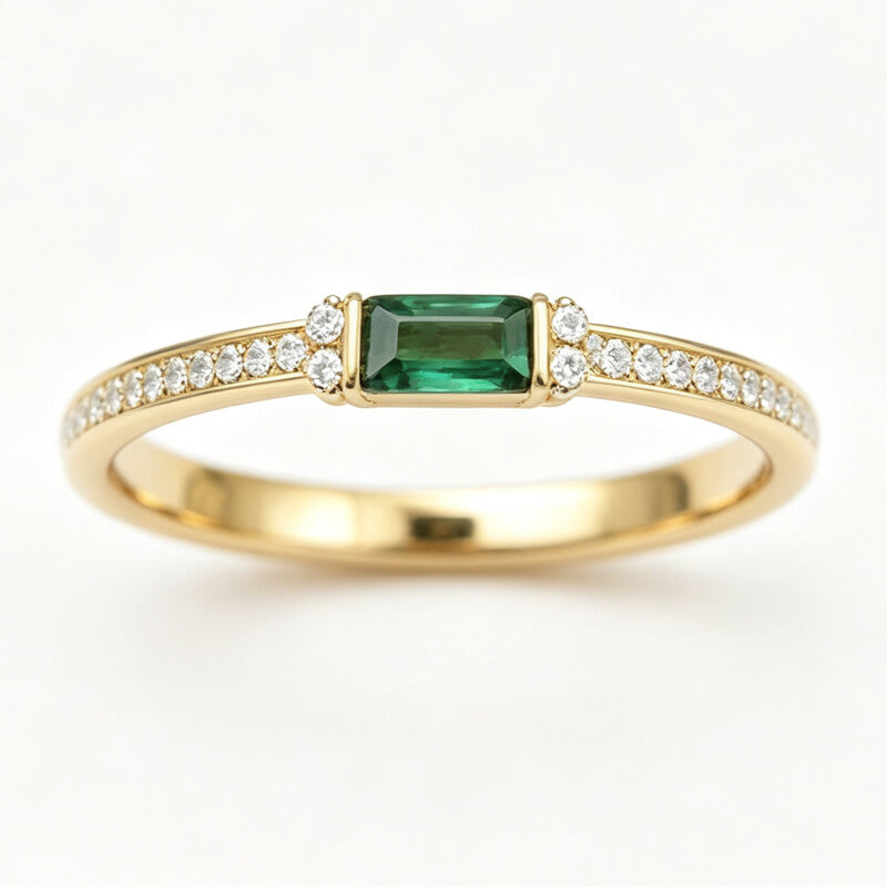 Classic Golden Baguette Cut Emerald & White Sapphire Engagement Ring