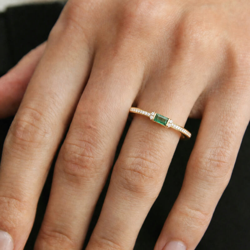 Classic Golden Baguette Cut Emerald & White Sapphire Engagement Ring