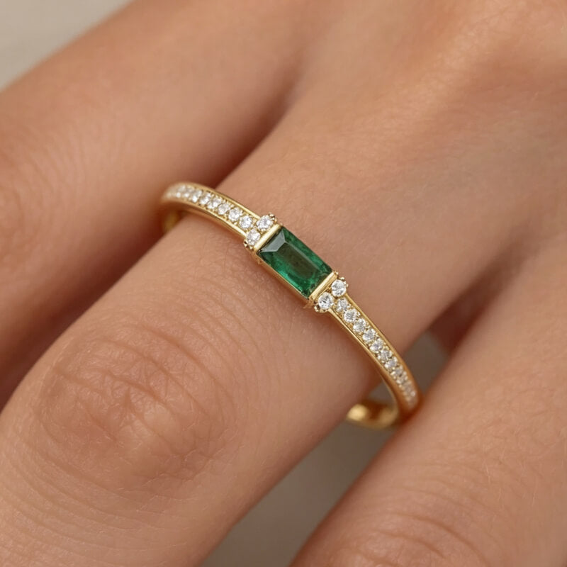 Classic Golden Baguette Cut Emerald & White Sapphire Engagement Ring