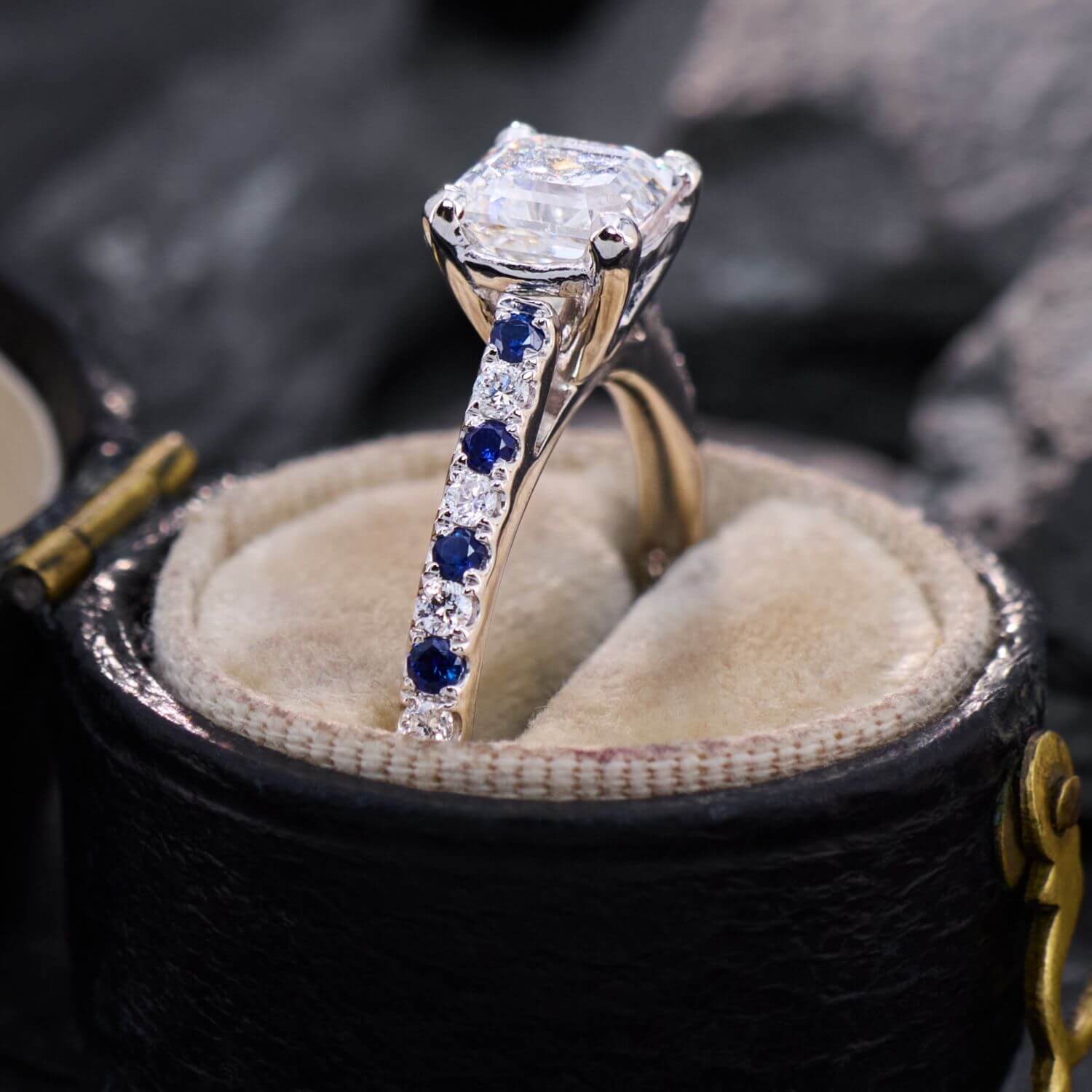 Luxury Jewelry Classic Asscher Cut White & Blue Sapphire Engagement Rings