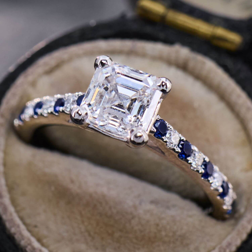 Luxury Jewelry Classic Asscher Cut White & Blue Sapphire Engagement Rings