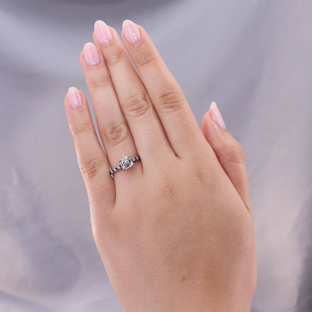Luxury Jewelry Classic Asscher Cut White & Blue Sapphire Engagement Rings