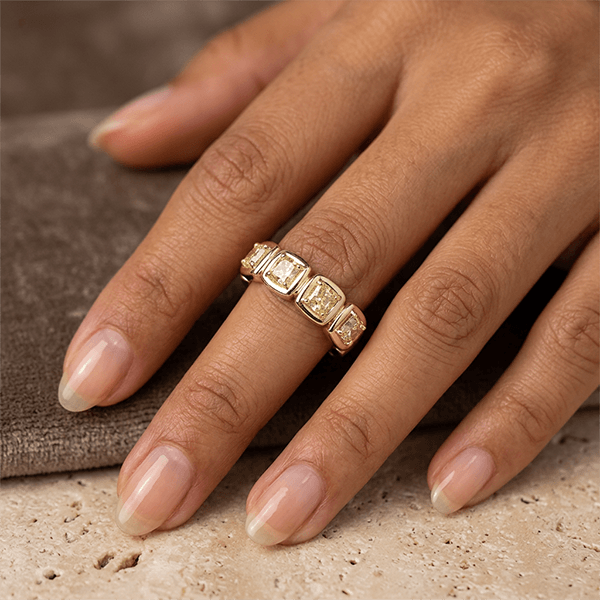 Classic Bezel Yellow Gold Cushion Cut Canary Sapphire Half Eternity Wedding Band For Women