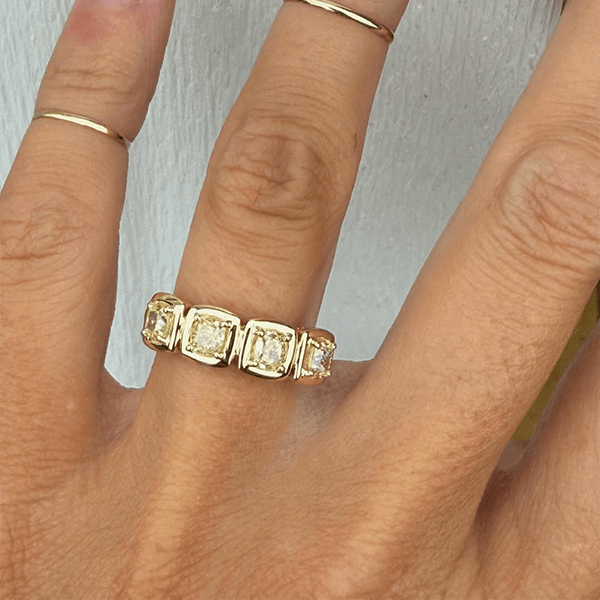 Half Eternity Golden Bezel Cushion Cut Yellow Sapphire Wedding Band
