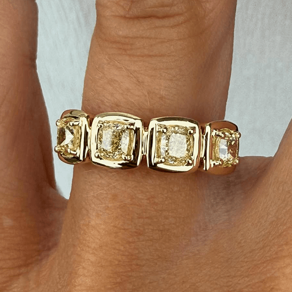 Half Eternity Golden Bezel Cushion Cut Yellow Sapphire Wedding Band