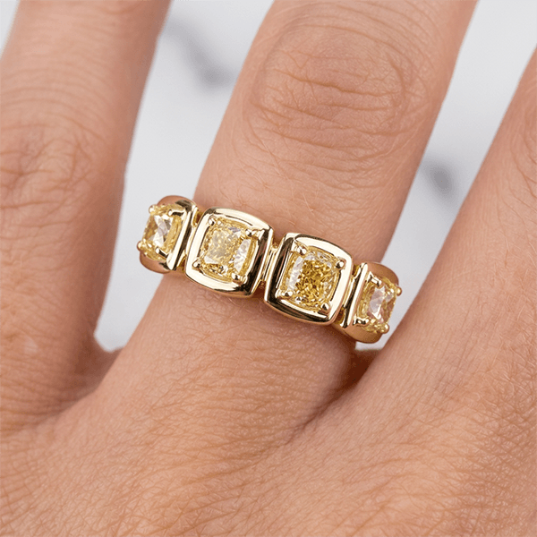 Classic Bezel Yellow Gold Cushion Cut Canary Sapphire Half Eternity Wedding Band For Women