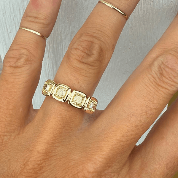 Half Eternity Golden Bezel Cushion Cut Yellow Sapphire Wedding Band