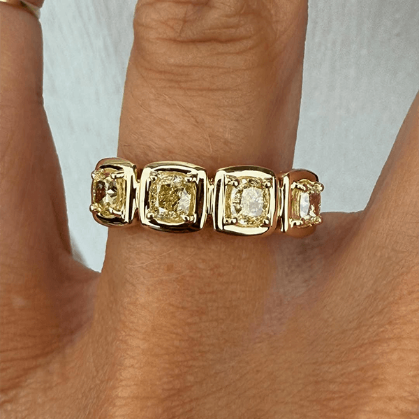 Half Eternity Golden Bezel Cushion Cut Yellow Sapphire Wedding Band