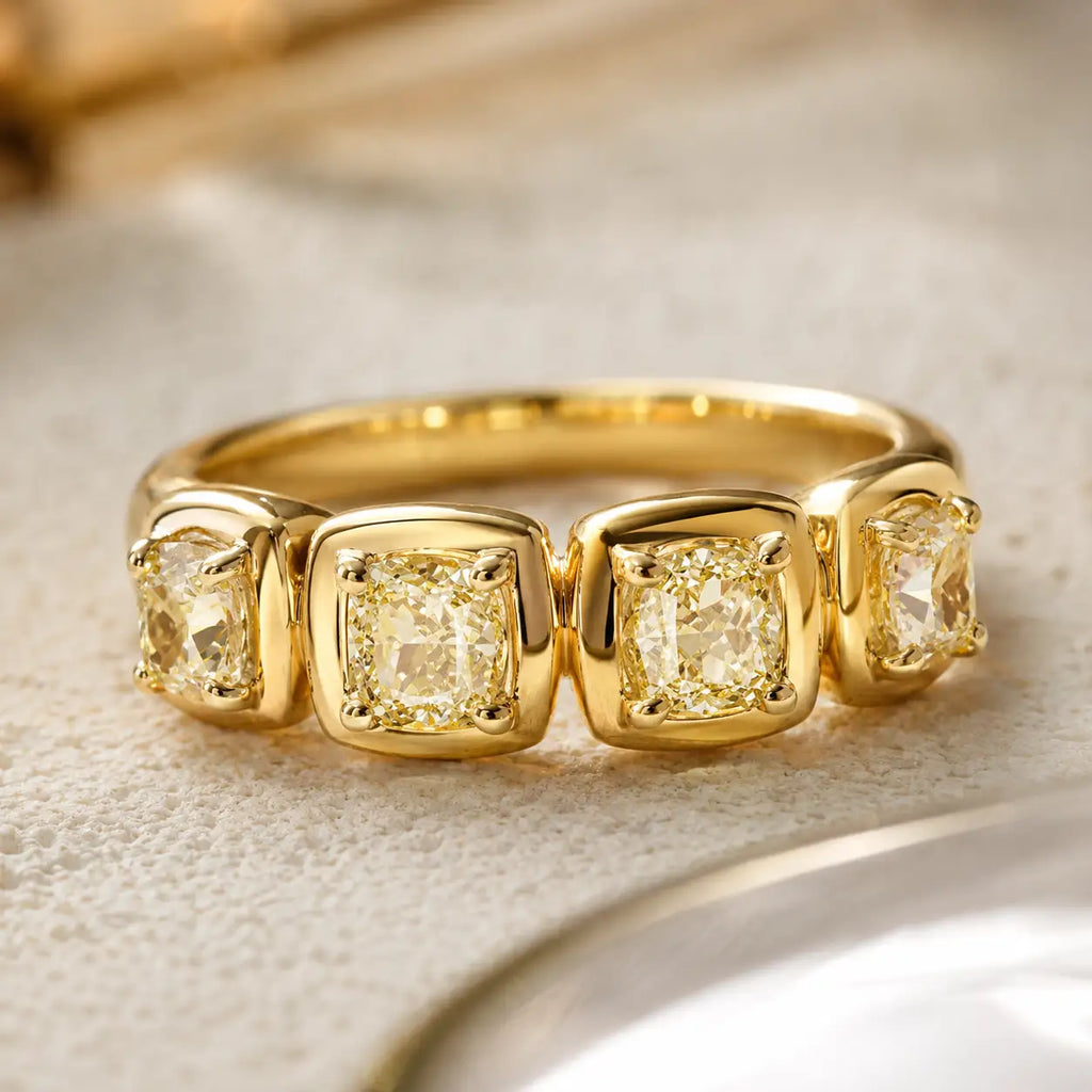 Classic Bezel Yellow Gold Cushion Cut Canary Sapphire Half Eternity Wedding Band For Women