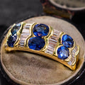 Luxury Jewelry Golden Oval Cut Blue & White Sapphire Wedding Band