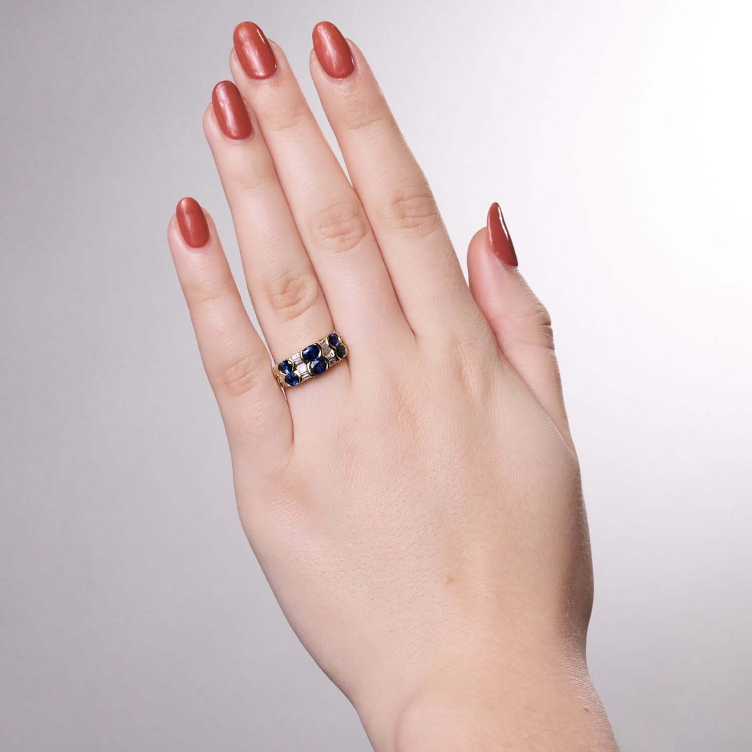 Luxury Jewelry Golden Oval Cut Blue & White Sapphire Wedding Band