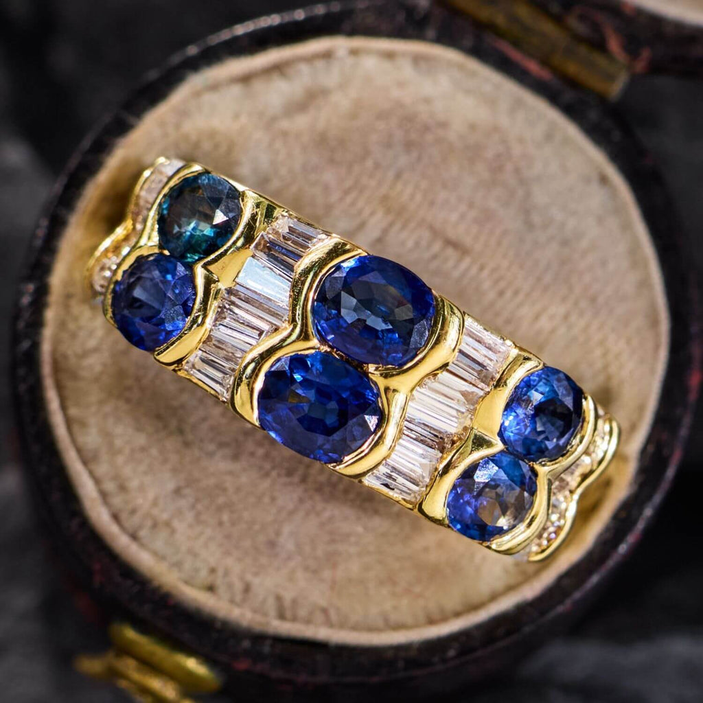 Luxury Jewelry Golden Oval Cut Blue & White Sapphire Wedding Band