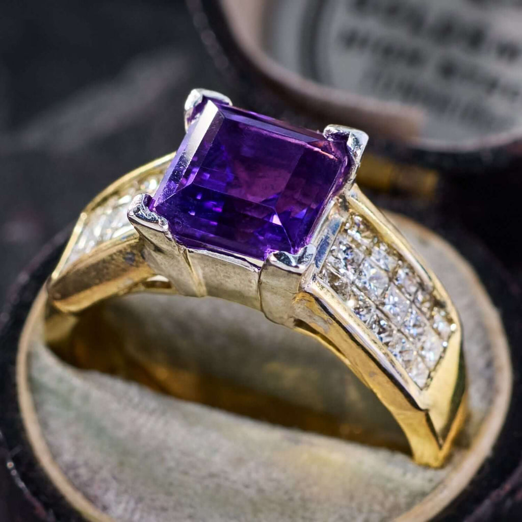 Luxury Jewelry Golden Pave Setting Asscher Cut Amethyst & White Sapphire Engagement Rings