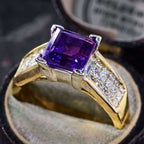 Luxury Jewelry Golden Pave Setting Asscher Cut Amethyst & White Sapphire Engagement Rings