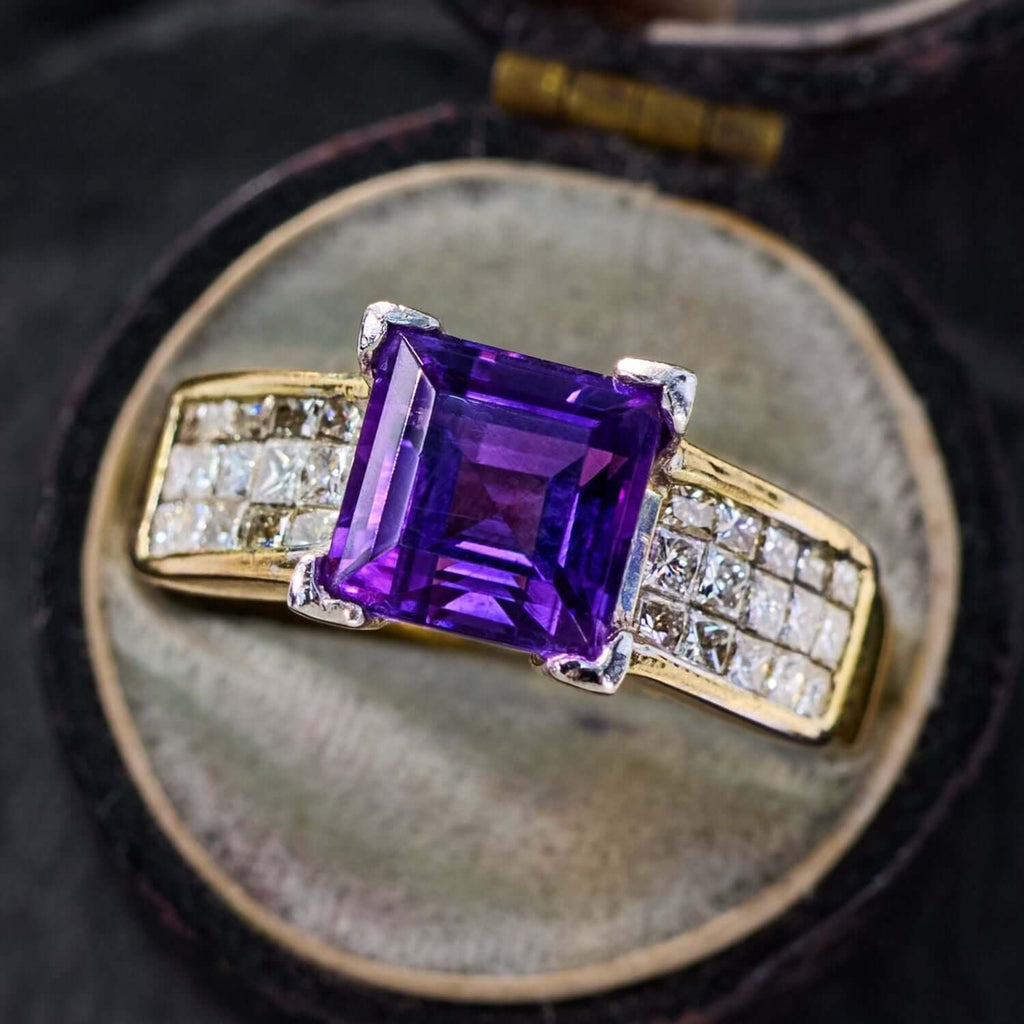 Luxury Jewelry Golden Pave Setting Asscher Cut Amethyst & White Sapphire Engagement Rings
