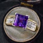 Luxury Jewelry Golden Pave Setting Asscher Cut Amethyst & White Sapphire Engagement Rings