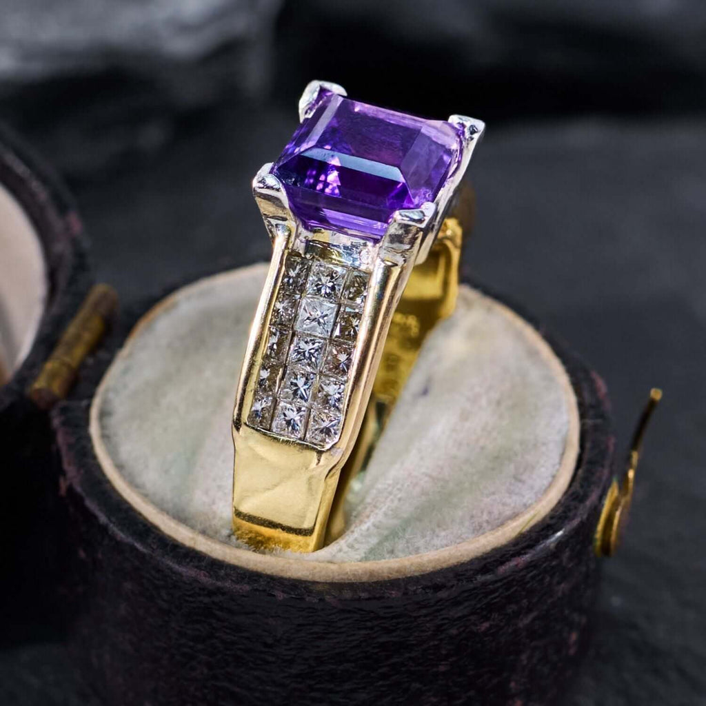 Luxury Jewelry Golden Pave Setting Asscher Cut Amethyst & White Sapphire Engagement Rings