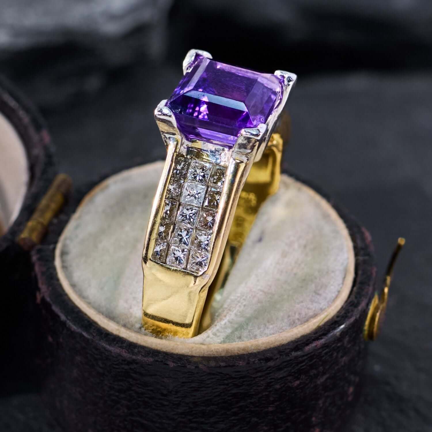 Luxury Jewelry Golden Pave Setting Asscher Cut Amethyst & White Sapphire Engagement Rings