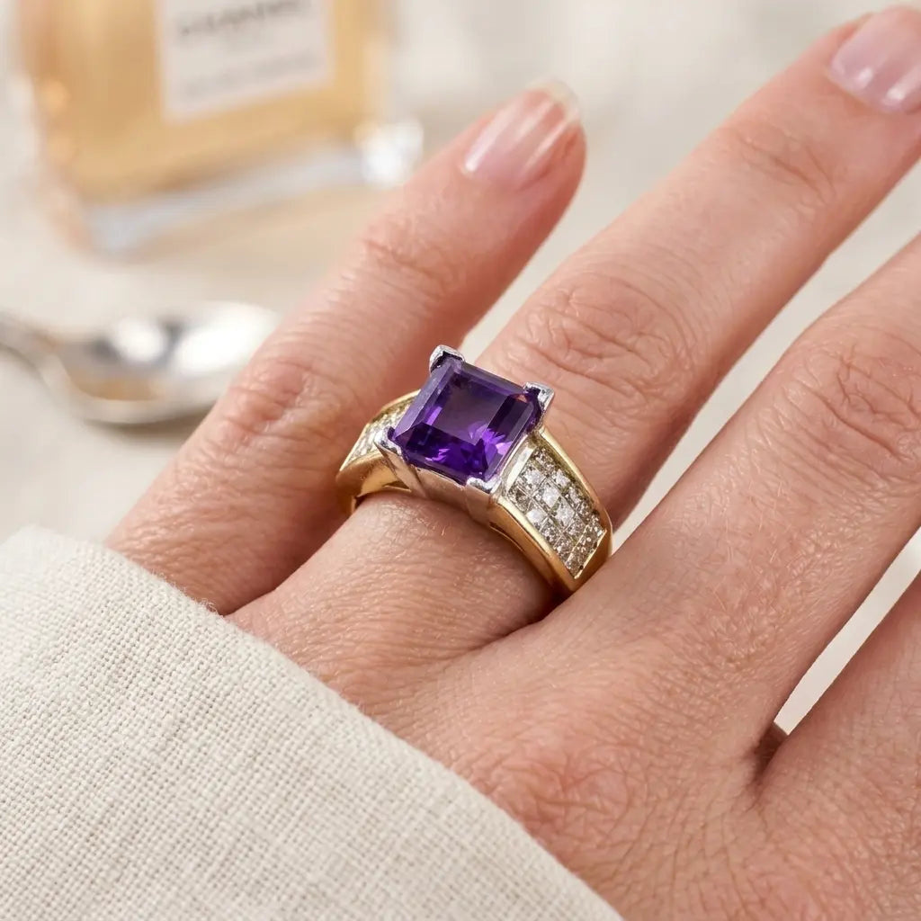 Luxury Jewelry Golden Pave Setting Asscher Cut Amethyst & White Sapphire Engagement Rings