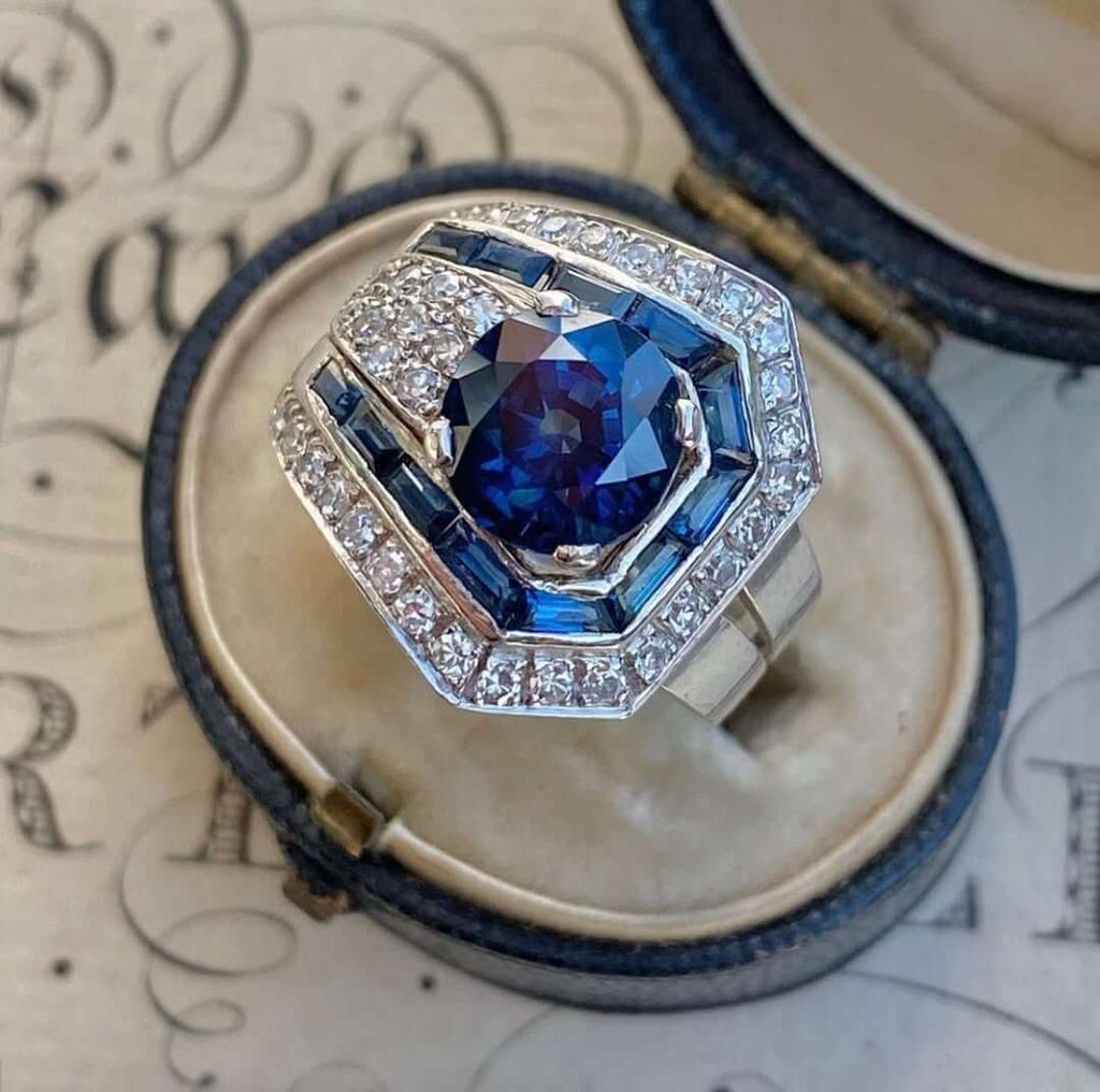 Luxury Jewelry Art Deco Double Halo Round Cut Blue Sapphire Engagement Rings