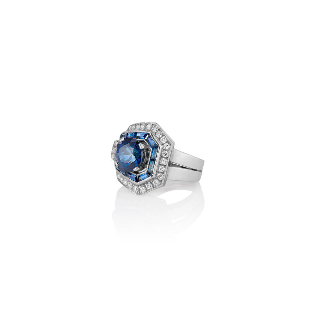 Luxury Jewelry Art Deco Double Halo Round Cut Blue Sapphire Engagement Rings