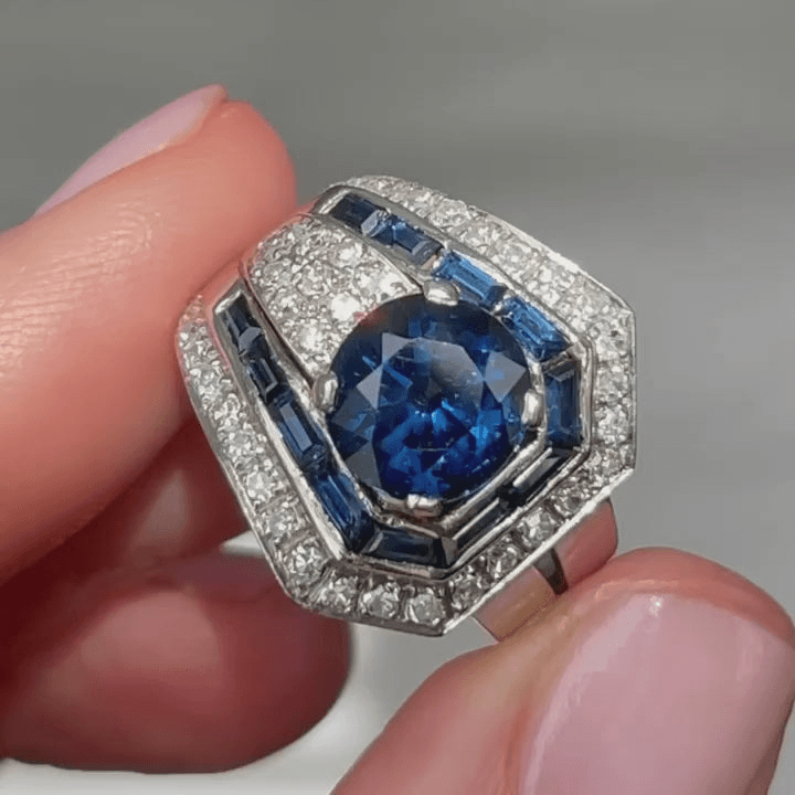 Luxury Jewelry Art Deco Double Halo Round Cut Blue Sapphire Engagement Rings
