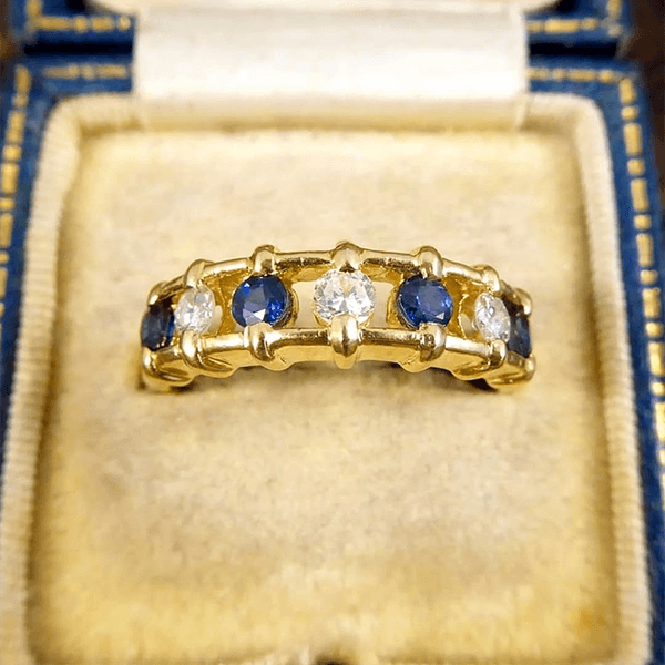 Unique Design Golden Round Cut Blue & White Sapphire Wedding Band