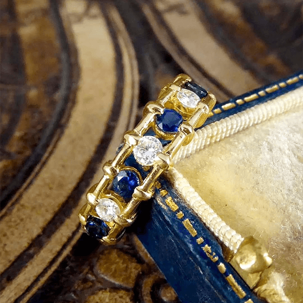 Unique Design Golden Round Cut Blue & White Sapphire Wedding Band
