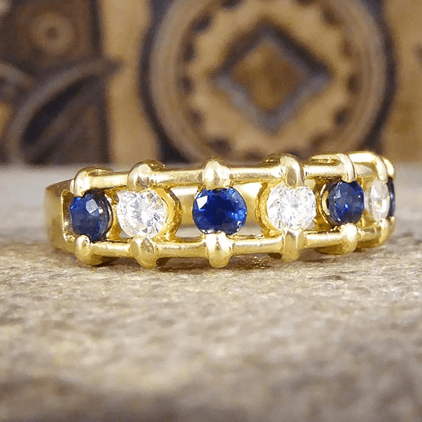 Unique Design Golden Round Cut Blue & White Sapphire Wedding Band
