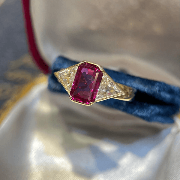 Luxury Jewelry Golden Three Stone Bezel Halo Radiant & Triangle Cut Ruby & White Sapphire Engagement Ring