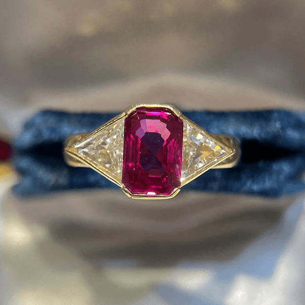 Luxury Jewelry Golden Three Stone Bezel Halo Radiant & Triangle Cut Ruby & White Sapphire Engagement Ring