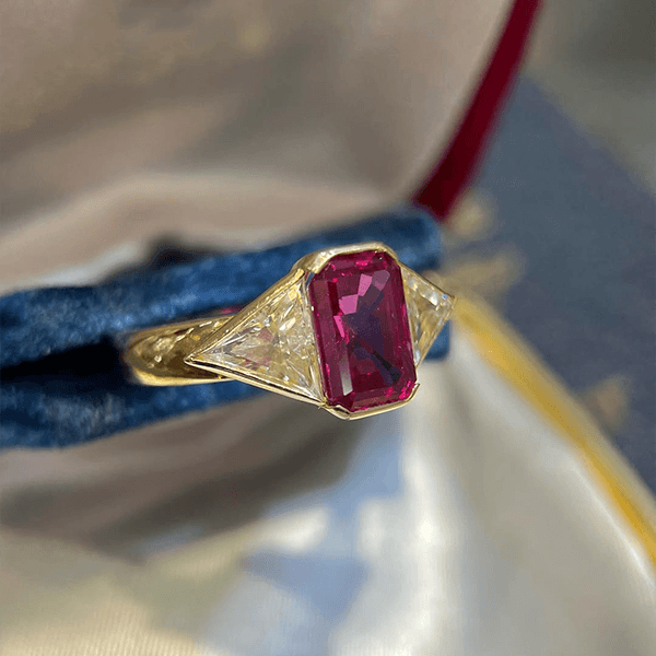 Luxury Jewelry Golden Three Stone Bezel Halo Radiant & Triangle Cut Ruby & White Sapphire Engagement Ring