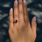 Luxury Jewelry Golden Three Stone Bezel Halo Radiant & Triangle Cut Ruby & White Sapphire Engagement Ring