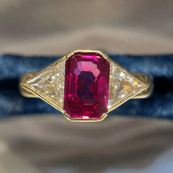 Luxury Jewelry Golden Three Stone Bezel Halo Radiant & Triangle Cut Ruby & White Sapphire Engagement Ring