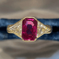 Luxury Jewelry Golden Three Stone Bezel Halo Radiant & Triangle Cut Ruby & White Sapphire Engagement Ring