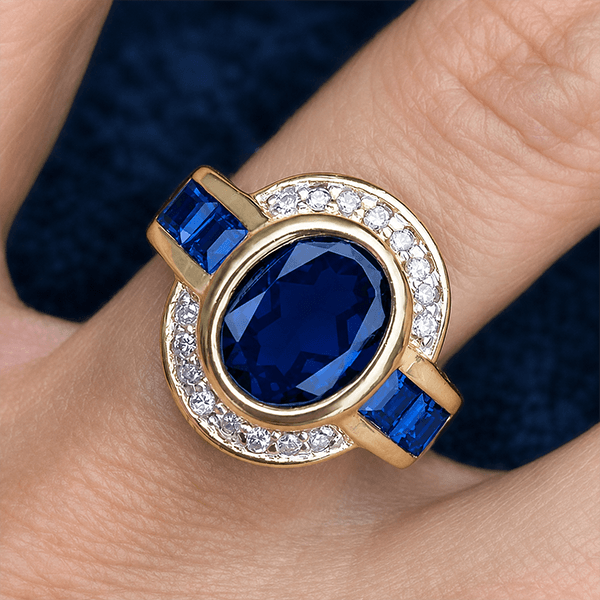 Art Deco Two Tone Bezel Setting Oval Cut Blue Sapphire Moissanite Engagement Ring