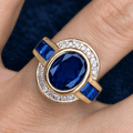 Art Deco Two Tone Bezel Setting Oval Cut Blue Sapphire Engagement Ring