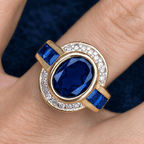 Art Deco Two Tone Bezel Setting Oval Cut Blue Sapphire Moissanite Engagement Ring