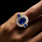 Art Deco Two Tone Bezel Setting Oval Cut Blue Sapphire Engagement Ring