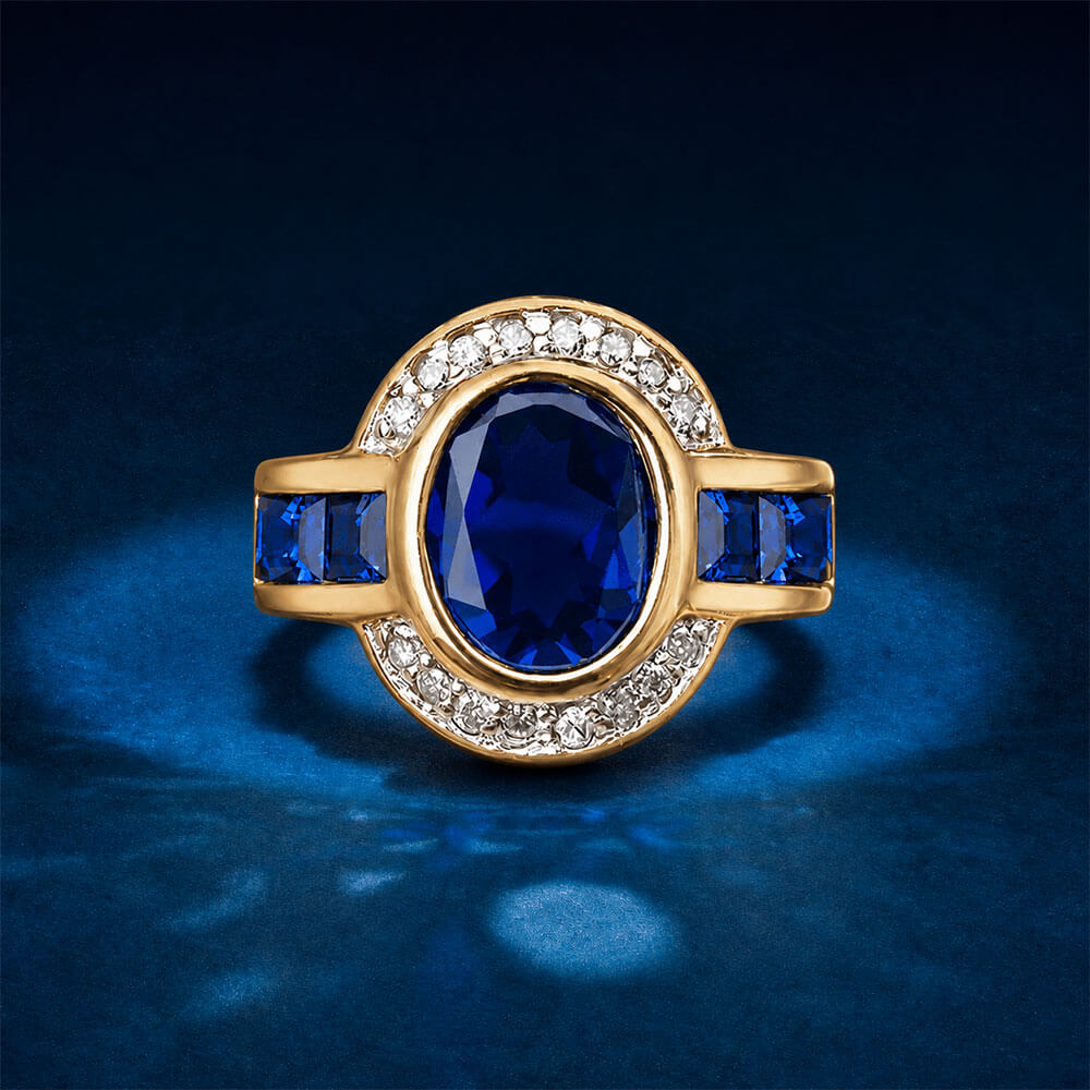 Art Deco Two Tone Bezel Setting Oval Cut Blue Sapphire Engagement Ring