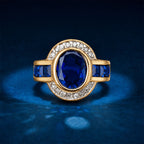 Art Deco Two Tone Bezel Setting Oval Cut Blue Sapphire Engagement Ring