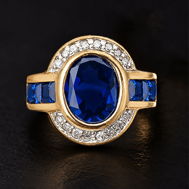 Art Deco Two Tone Bezel Setting Oval Cut Blue Sapphire Engagement Ring
