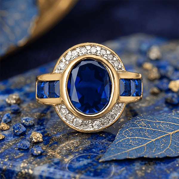 Art Deco Two Tone Bezel Setting Oval Cut Blue Sapphire Engagement Ring