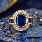 Art Deco Two Tone Bezel Setting Oval Cut Blue Sapphire Engagement Ring