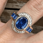 Art Deco Two Tone Bezel Setting Oval Cut Blue Sapphire Moissanite Engagement Ring
