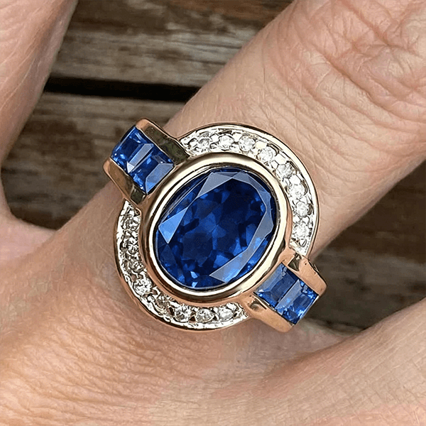 Art Deco Two Tone Bezel Setting Oval Cut Blue Sapphire Moissanite Engagement Ring