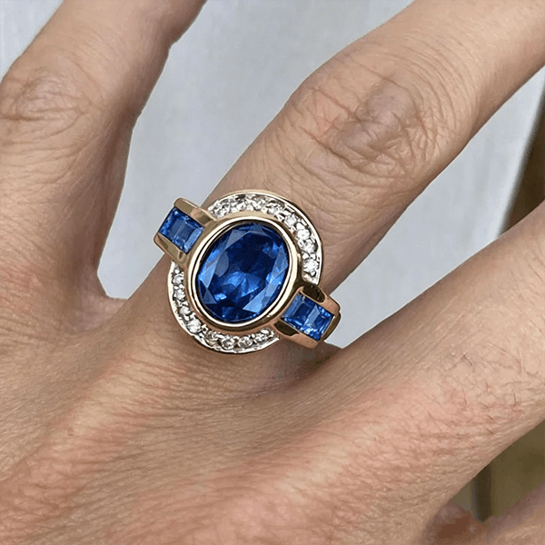 Art Deco Two Tone Bezel Setting Oval Cut Blue Sapphire Moissanite Engagement Ring