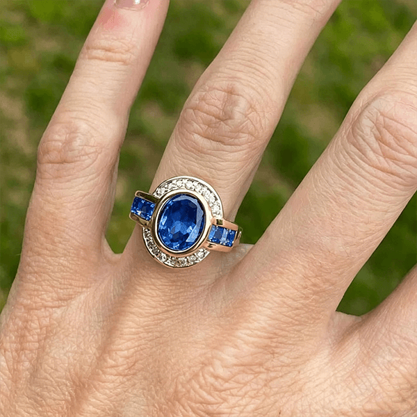 Art Deco Two Tone Bezel Setting Oval Cut Blue Sapphire Moissanite Engagement Ring