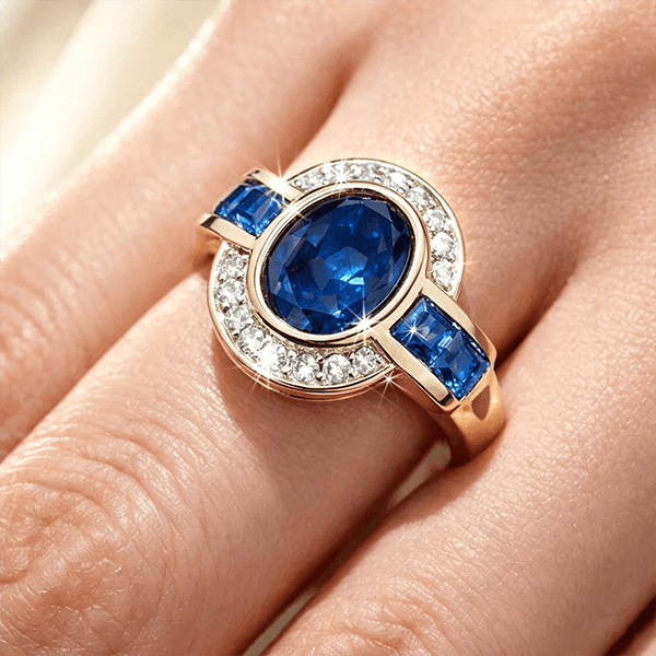 Art Deco Two Tone Bezel Setting Oval Cut Blue Sapphire Moissanite Engagement Ring