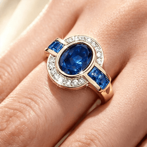 Art Deco Two Tone Bezel Setting Oval Cut Blue Sapphire Engagement Ring